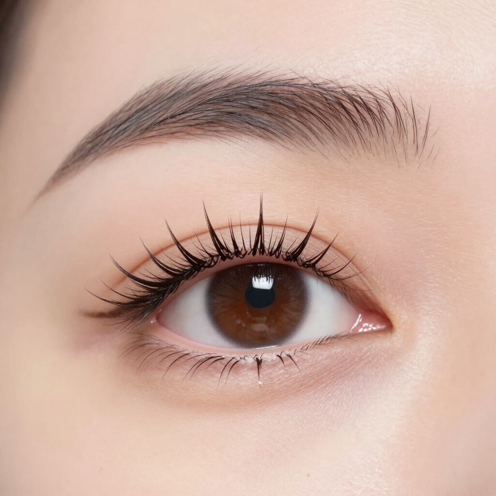 Primer plano de un ojo marrón con pestañas largas y cejas bien definidas.