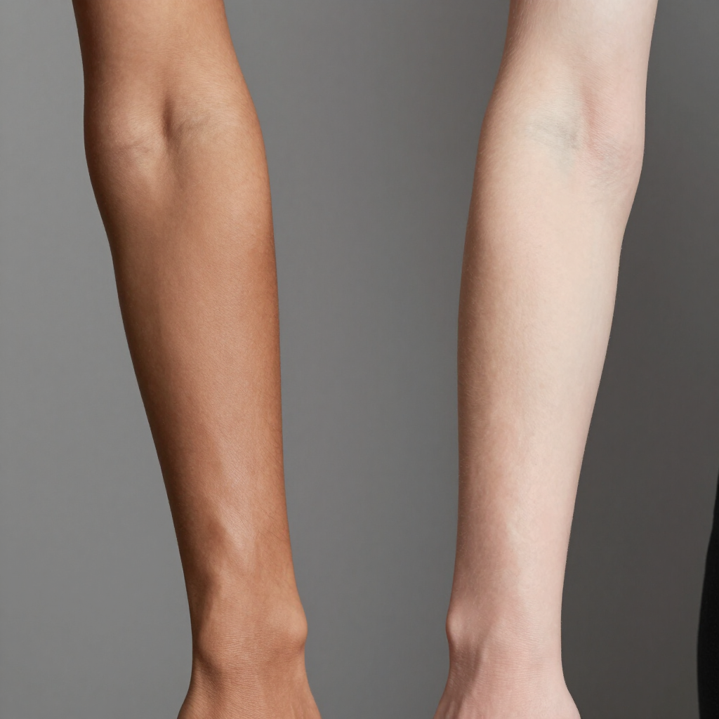 Dos piernas desnudas una al lado de la otra sobre un fondo gris, una de color marrón medio y la otra de un tono de piel claro.