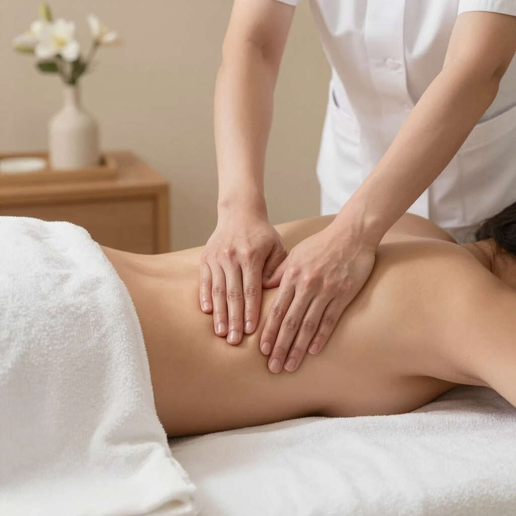 Masajista trabajando en la espalda de un cliente en una sala de spa.