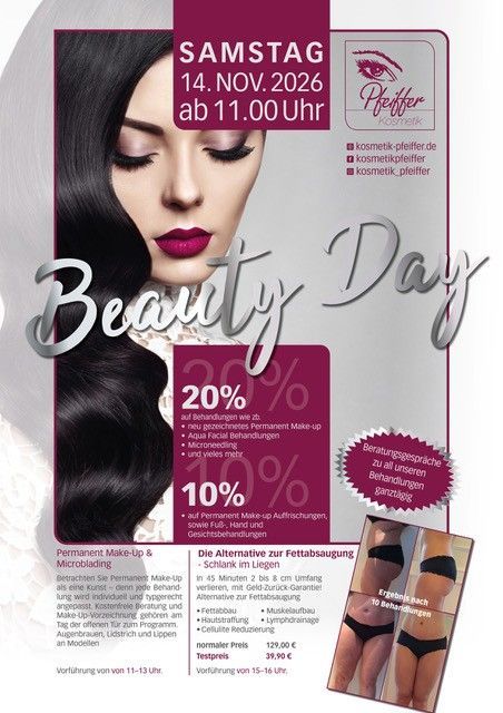 Beauty-Day-Flyer für einen Salon mit pinken Akzenten, Make-up-Model, Rabattangeboten und Samstag, dem 14. November 2026, um 11:00 Uhr