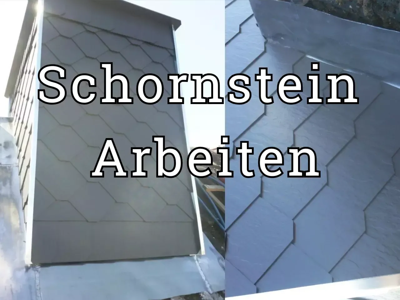 Dachschornsteinarbeiten an einem grauen Gebäude, mit Nahaufnahmen der Außenwand und der Schindeln