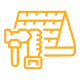 Icono de línea naranja de una pieza mecánica o dispositivo de inspección junto a un plano o documento.