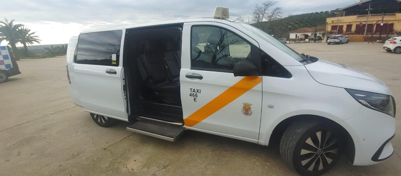 Furgoneta blanca con puerta lateral abierta y escalones extendidos. Franja diagonal naranja y emblema en el lateral.