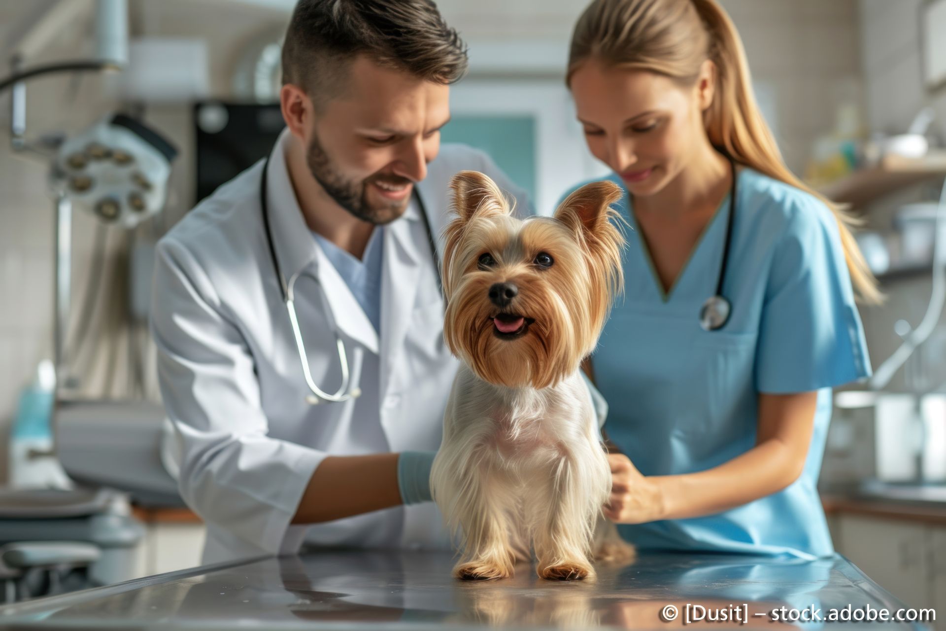 Kleintierpraxis im Neckargarten - Tierarzt und Tierarzthelferin untersuchen einen Yorkshire-Terrier