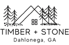 Logo for Timber + Stone, featuring a cabin outline within mountains, trees, and the city of Dahlonega, GA.
