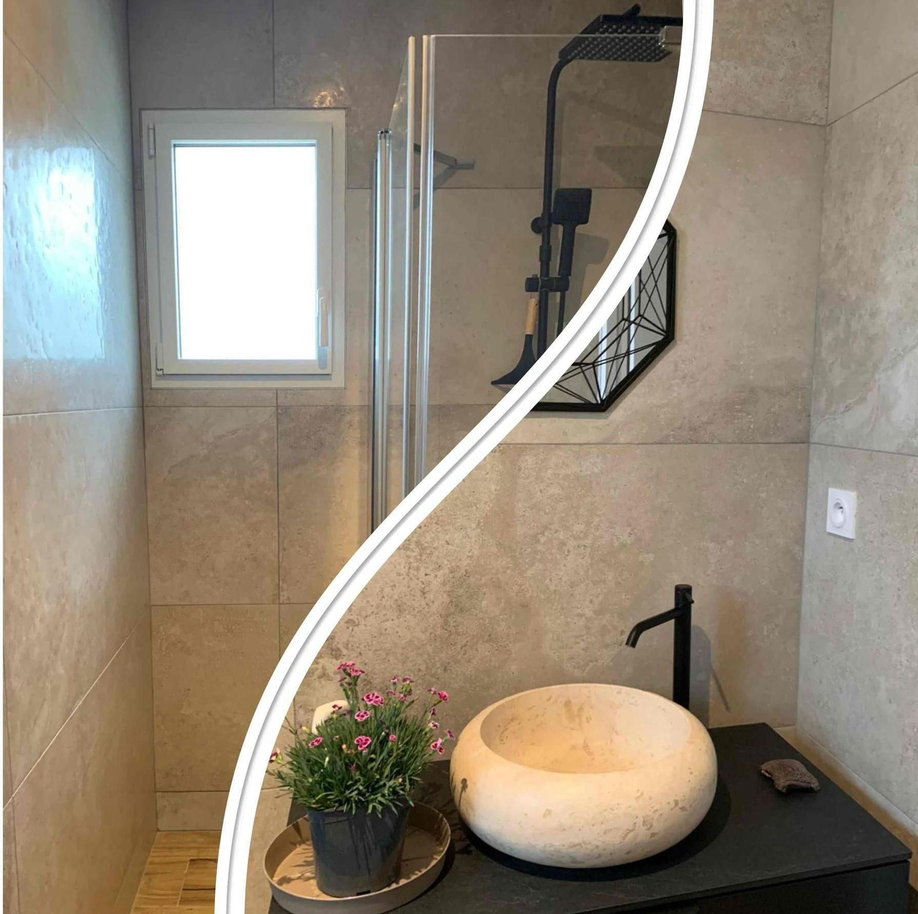 Diptyque de photos d'une salle de bains avec carrelage mural