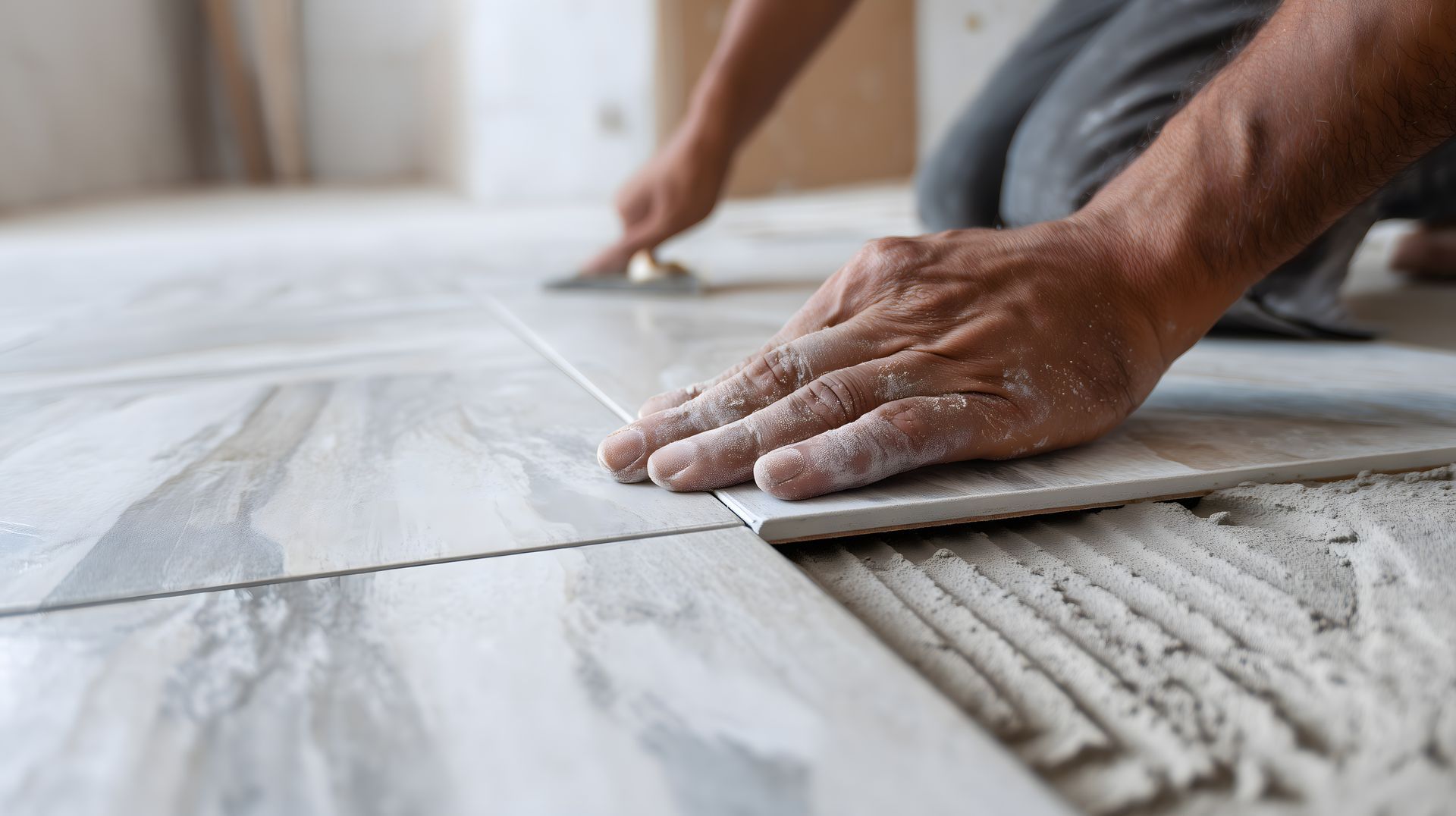 Des mains posent un grand carreau de marbre blanc sur un sol lors de la rénovation d'une maison