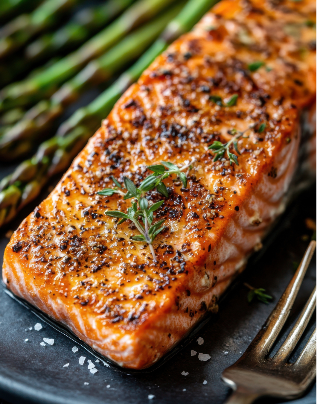 Un trozo de salmón está en un plato con espárragos y un tenedor.