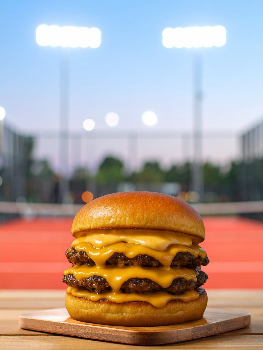 Una hamburguesa triple con queso está colocada sobre una tabla de cortar de madera sobre una mesa.
