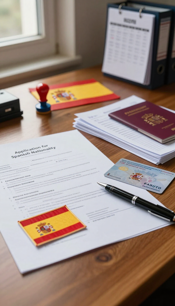 Documentación española con pasaporte y bandera sobre un escritorio, lo que sugiere preparación para viajes o visados.