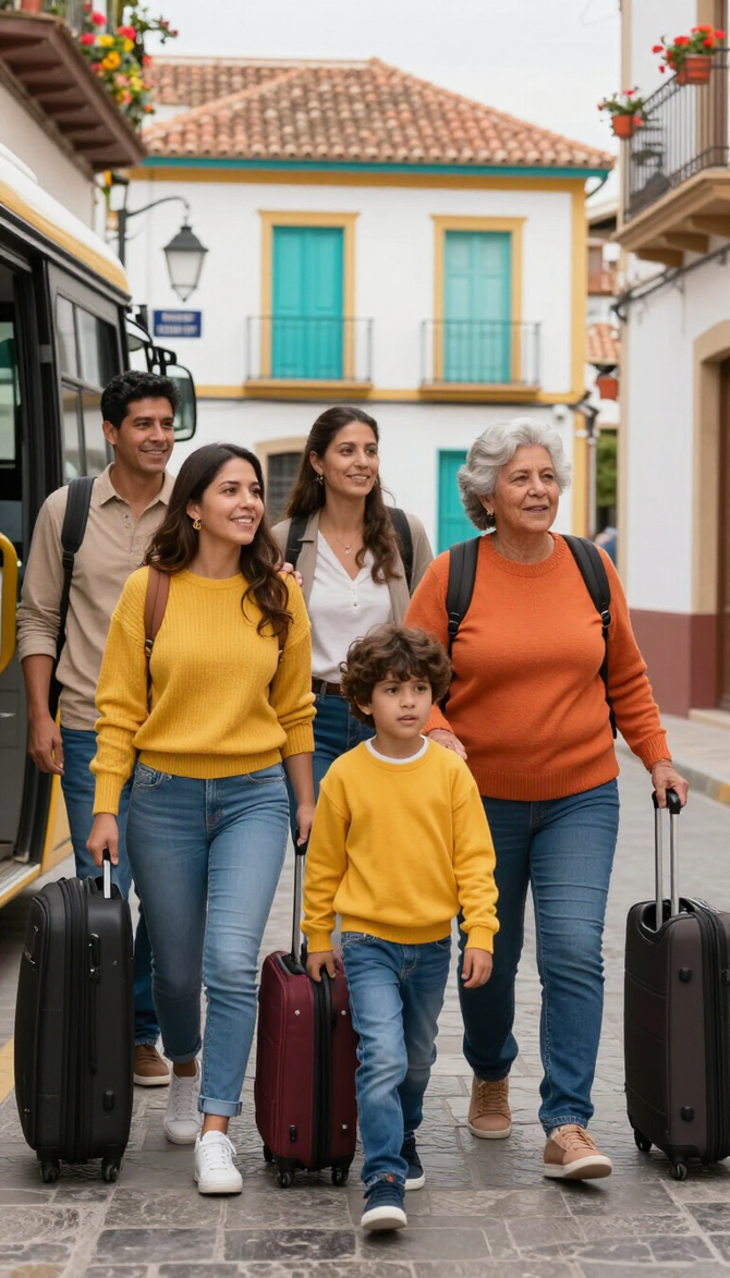 Familia paseando con equipaje por una calle soleada en un pueblo encantador.