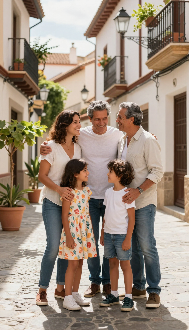 Familia de cuatro personas paseando junta por una calle estrecha y soleada con edificios blancos y macetas.