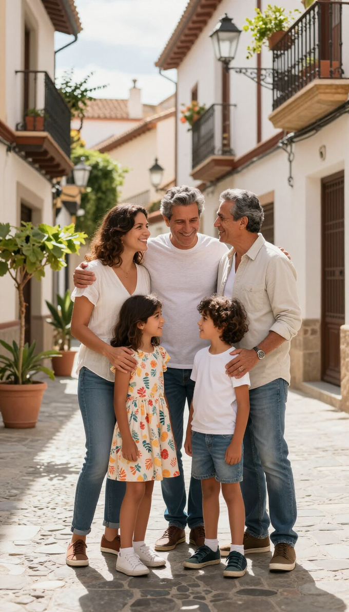 Familia de cuatro personas paseando junta por una calle estrecha y soleada con edificios blancos y macetas.