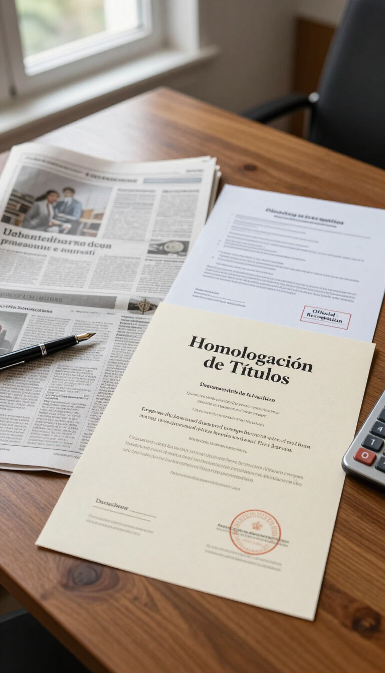 Escritorio con documentos legales, periódicos, un bolígrafo y una carpeta beige titulada “Homologación de Títulos”.