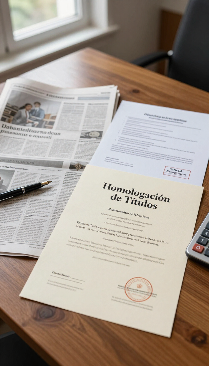Escritorio con documentos legales, periódicos, un bolígrafo y una carpeta beige titulada “Homologación de Títulos”.