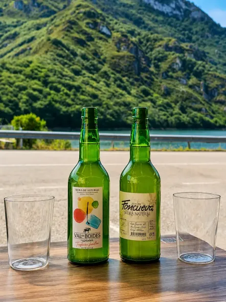 Dos botellas de cerveza verde y dos vasos vacíos sobre una mesa frente al embalse de Tanes