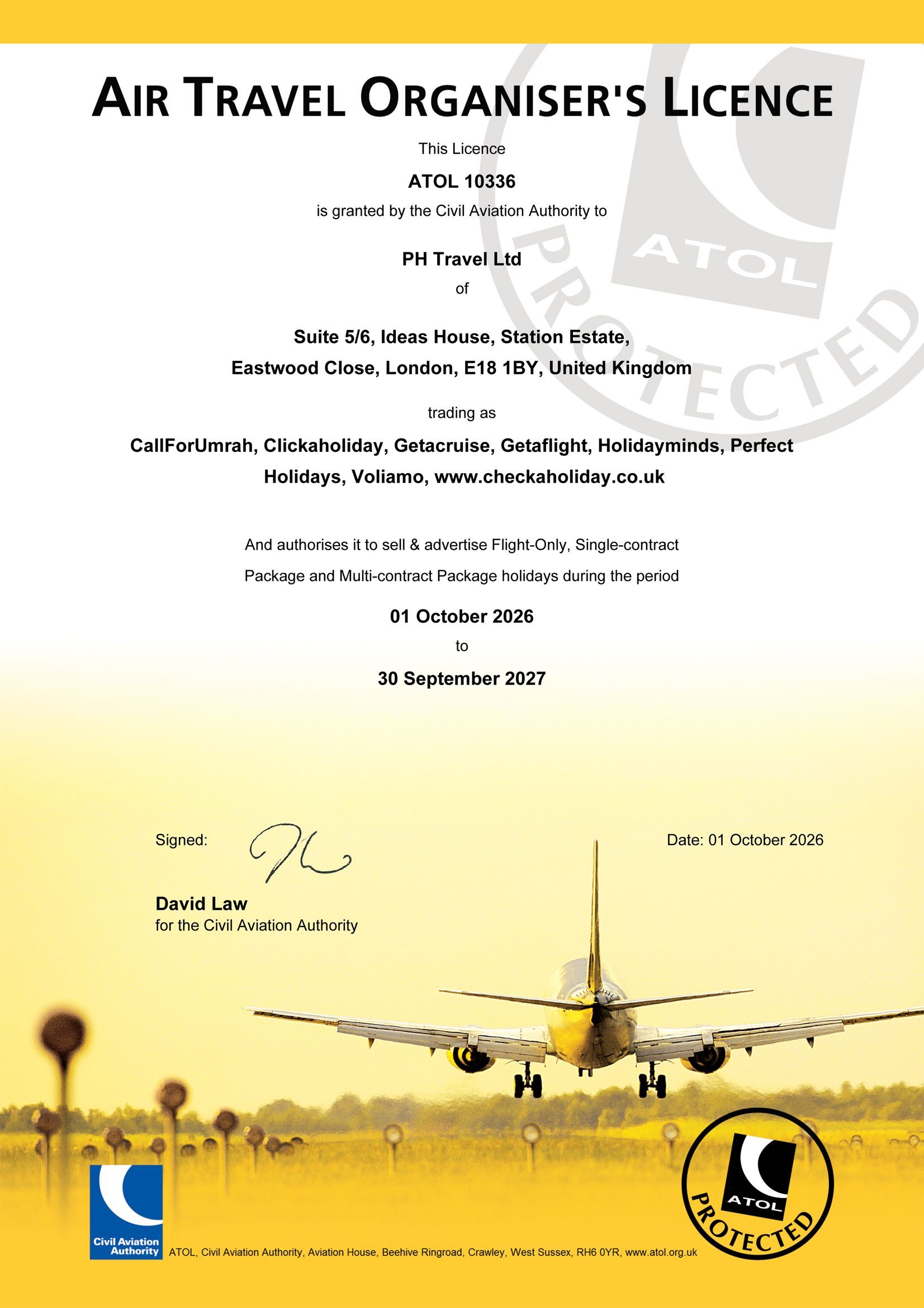 ATOL licence certificate issued to PH Travel Ltd for ATOL protected cruise holidays and package bookings