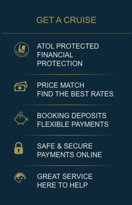 ATOL protection, price match, flexible deposits and secure payment benefits for UK cruise holidays