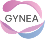 GYNEA-Logo mit grauem Text innerhalb eines kreisförmigen Bandes in Rosa, Lila und Blau