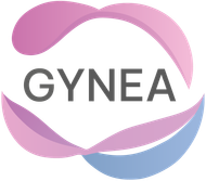 GYNEA-Logo mit grauem Text innerhalb eines kreisförmigen Bandes in Rosa, Lila und Blau