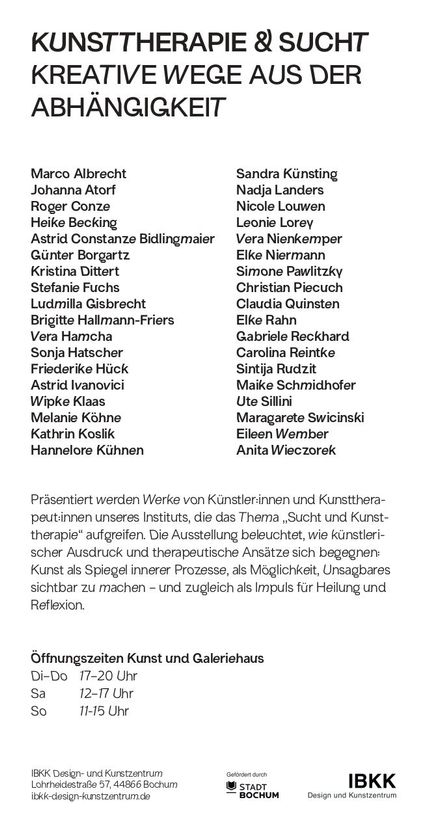 Plakat, das für eine Kunsttherapie-Veranstaltung wirbt: „Kunsttherapie & Sucht: Kreative Wege aus der Abhängigkeit.“ Listet Namen und Veranstaltungsdetails auf.