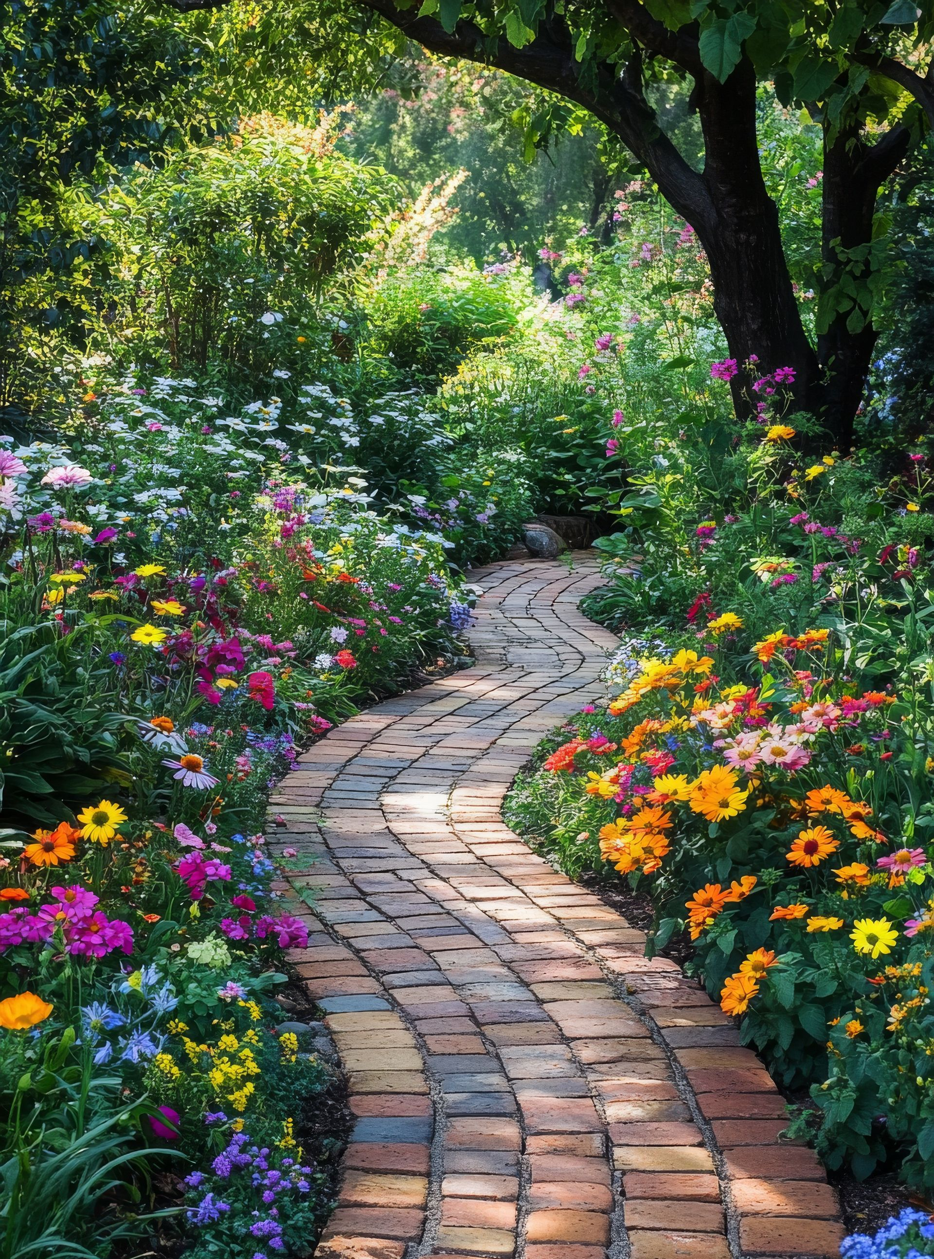 Chemin de briques serpentant à travers un jardin coloré de fleurs en fleurs ; la lumière du soleil traverse les arbres.