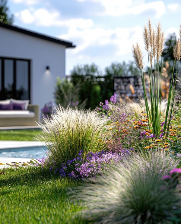 Un jardin avec des plantes fleuries devant une maison blanche, à côté d'une piscine.