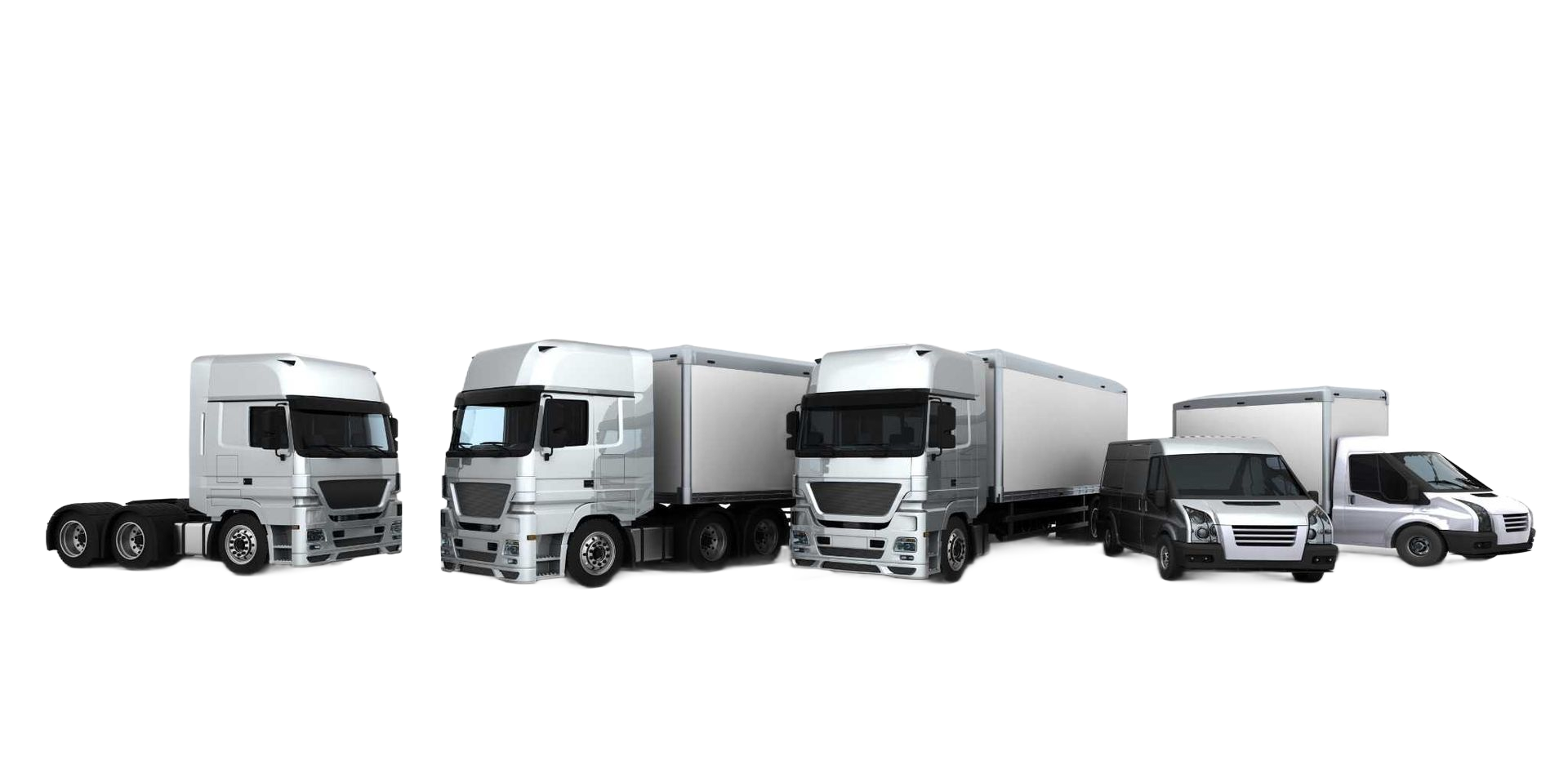 Camiones plateados de varios tamaños, alineados sobre un fondo blanco.