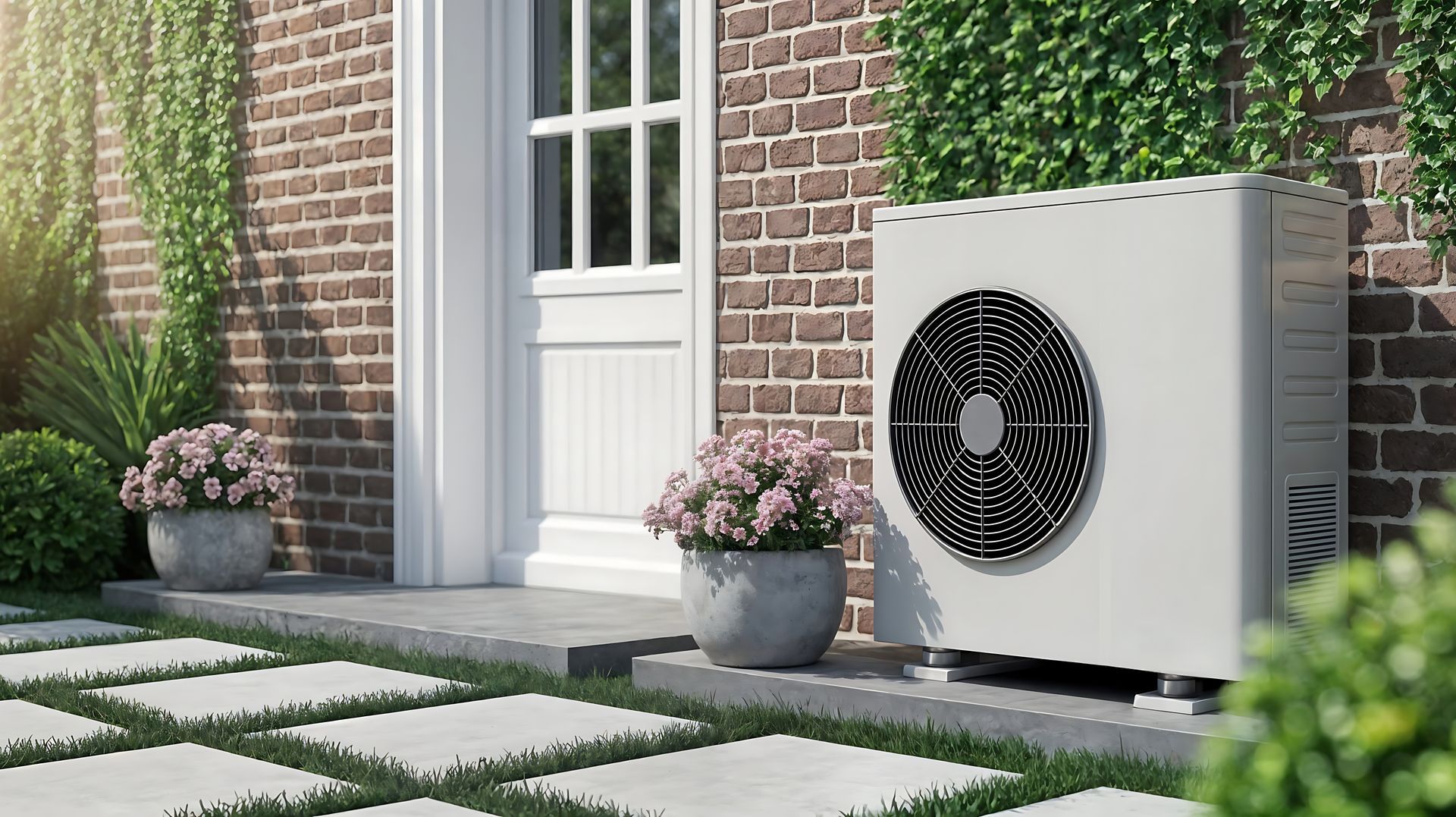 Une pompe à chaleur blanche à côté d'une maison en briques avec des fleurs, des plantes et une allée en pierre.