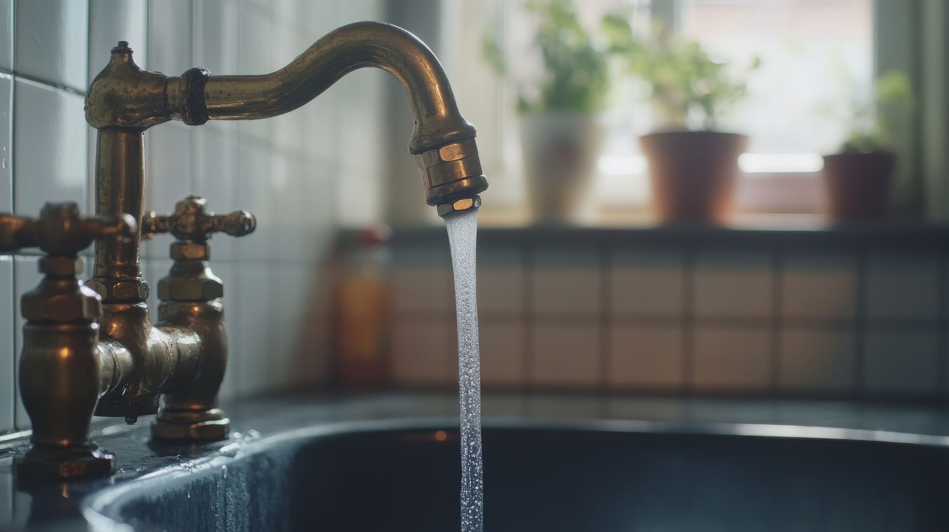 De l'eau s'écoulant d'un robinet en laiton dans un évier sombre, avec une fenêtre et des plantes en arrière-plan.