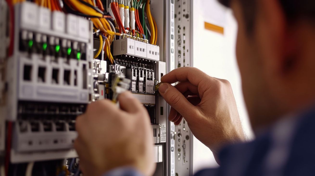 Électricien travaillant sur un panneau électrique, câblage visible, à l'intérieur d'un bâtiment.