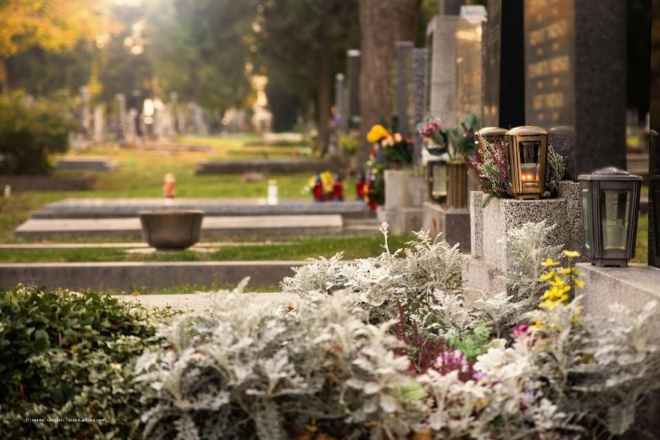 Geschmückte Gräber mit Blumen und Kerzen auf einem Friedhof