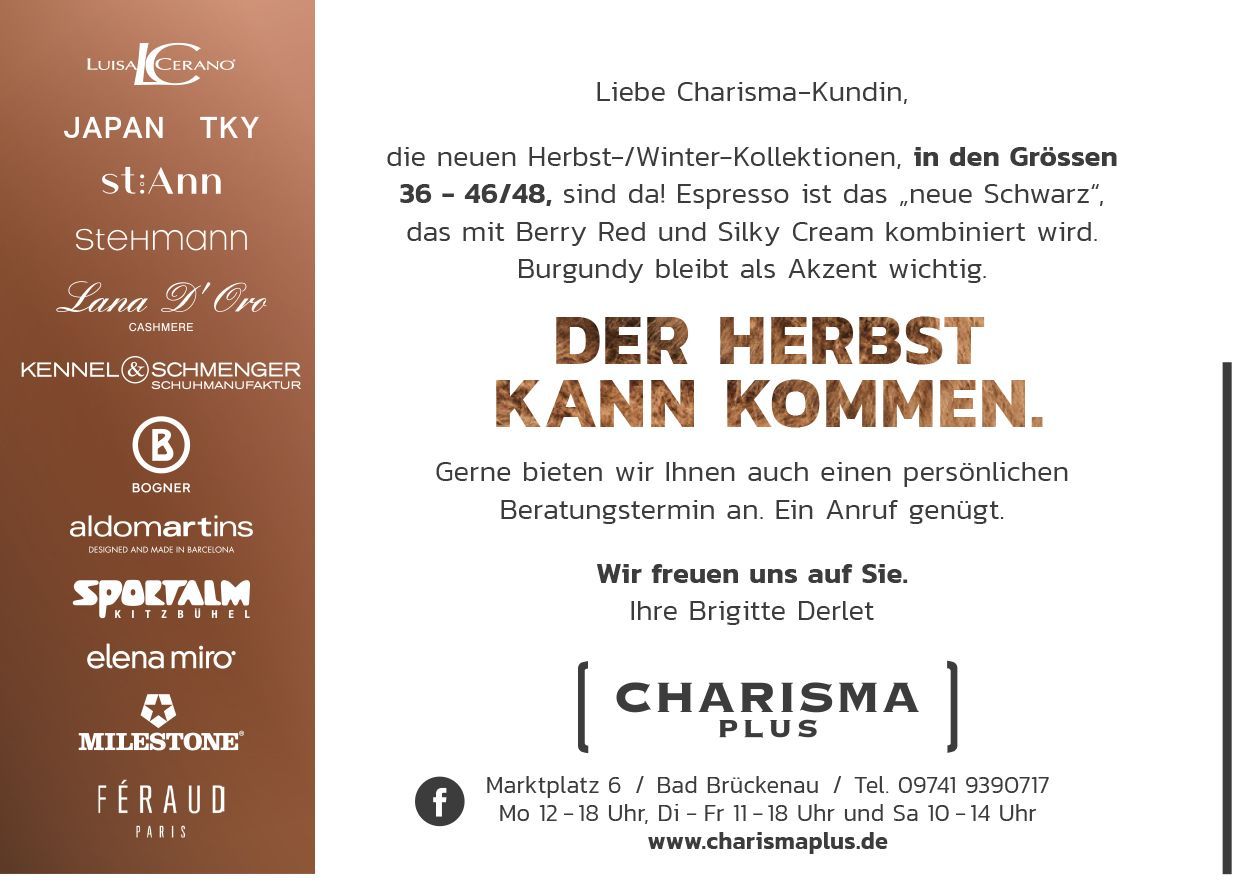 Werbung für das Bekleidungsgeschäft Charisma Plus. Text auf braunem Hintergrund kündigt die neuen Herbst-/Winterkollektionen an.