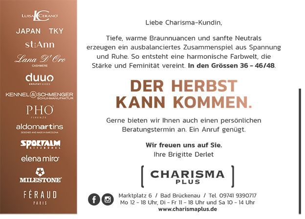 Goldbrauner Herbst-Verkaufsflyer für Charisma-Kundin mit Produktlogos und Veranstaltungsdetails in deutscher Sprache