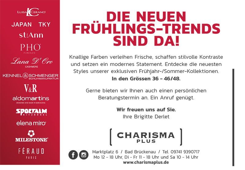 Werbung für Charisma Plus mit Modemarken. Der Text bewirbt die neuen Frühlingstrends in den Größen 36–48.