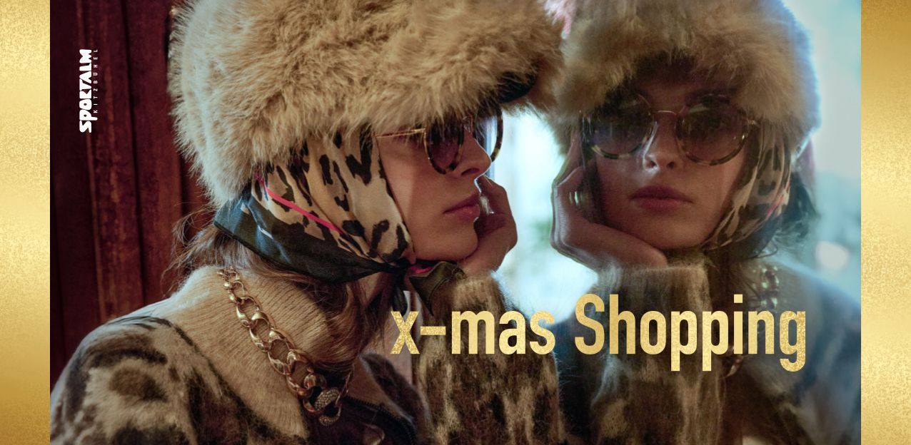 Frau mit Pelzmütze und Brille, Spiegelbild, unten der Schriftzug „Weihnachtseinkauf“.