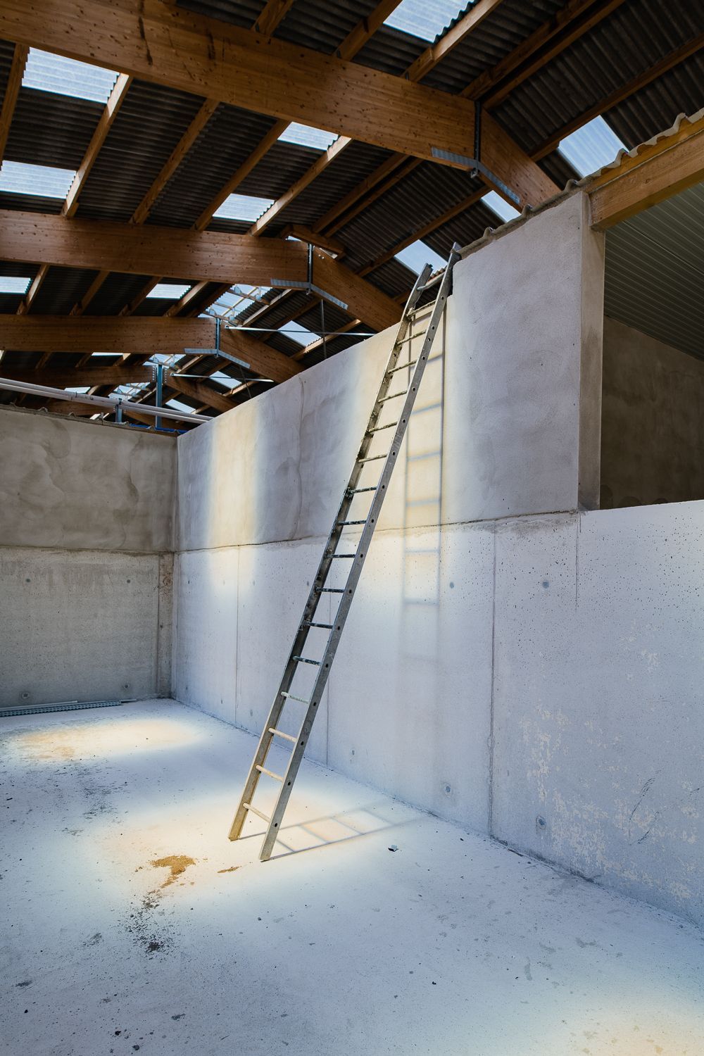 Une échelle contre un mur en béton dans un bâtiment inachevé avec un plafond en bois