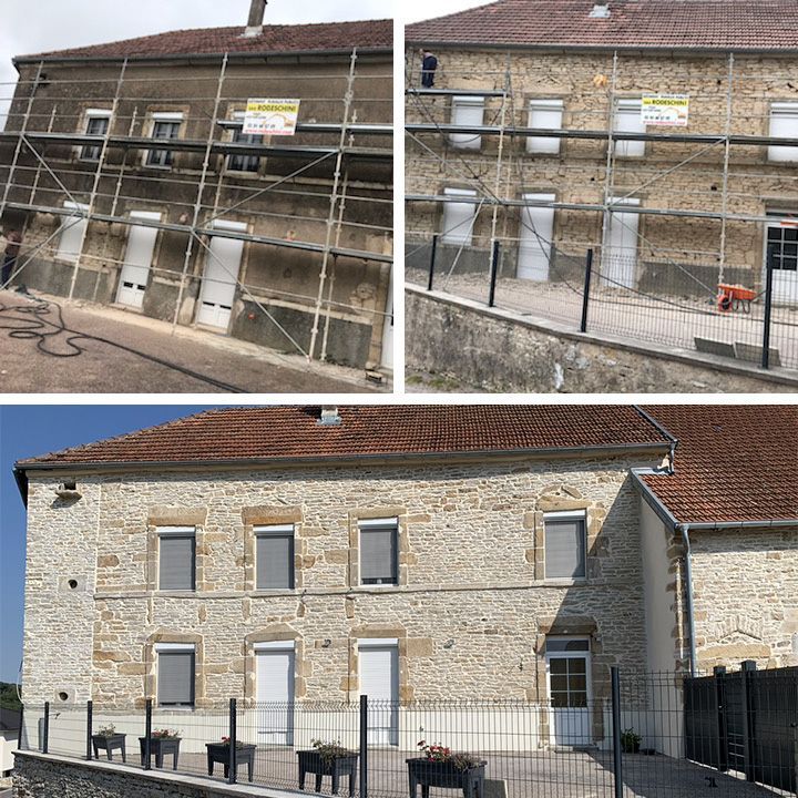 Extérieur d'un bâtiment en cours de rénovation : échafaudage en place, puis achèvement partiel, et enfin, restauration terminée