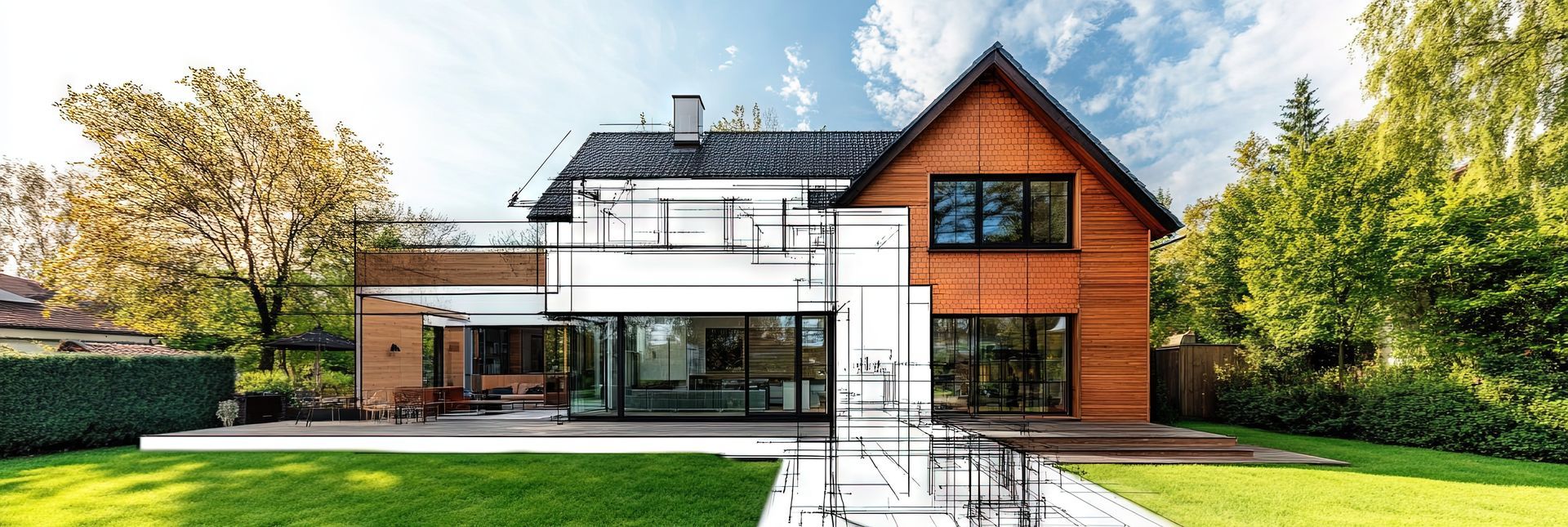 Maison moderne à deux étages avec extérieur blanc et bois, grandes fenêtres et pelouse verte sous un ciel bleu