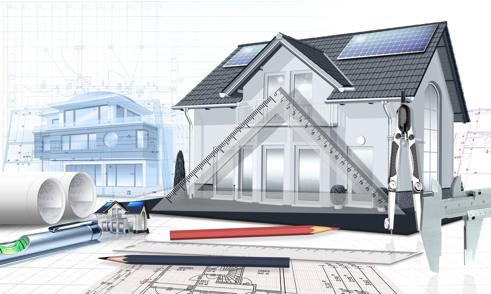 Maison en construction avec panneaux solaires, plan, plans enroulés, crayon, équerre et compas. 
