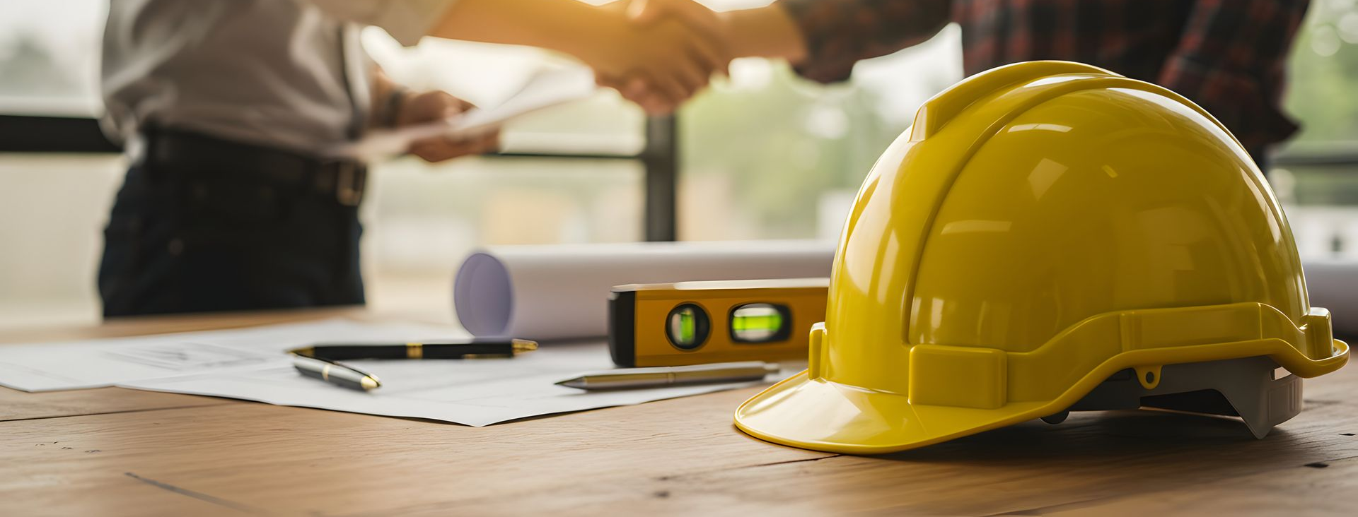 Casque de chantier jaune sur un bureau recouvert de plans, avec un niveau à bulle et une poignée de main floue en arrière-plan.