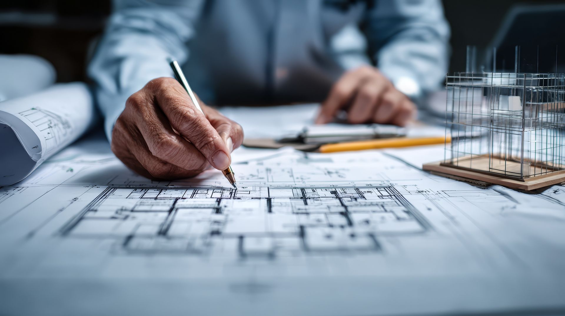 Des mains dessinent des plans de construction sur des plans d'architecte, à côté d'une petite maquette et d'outils de dessin.