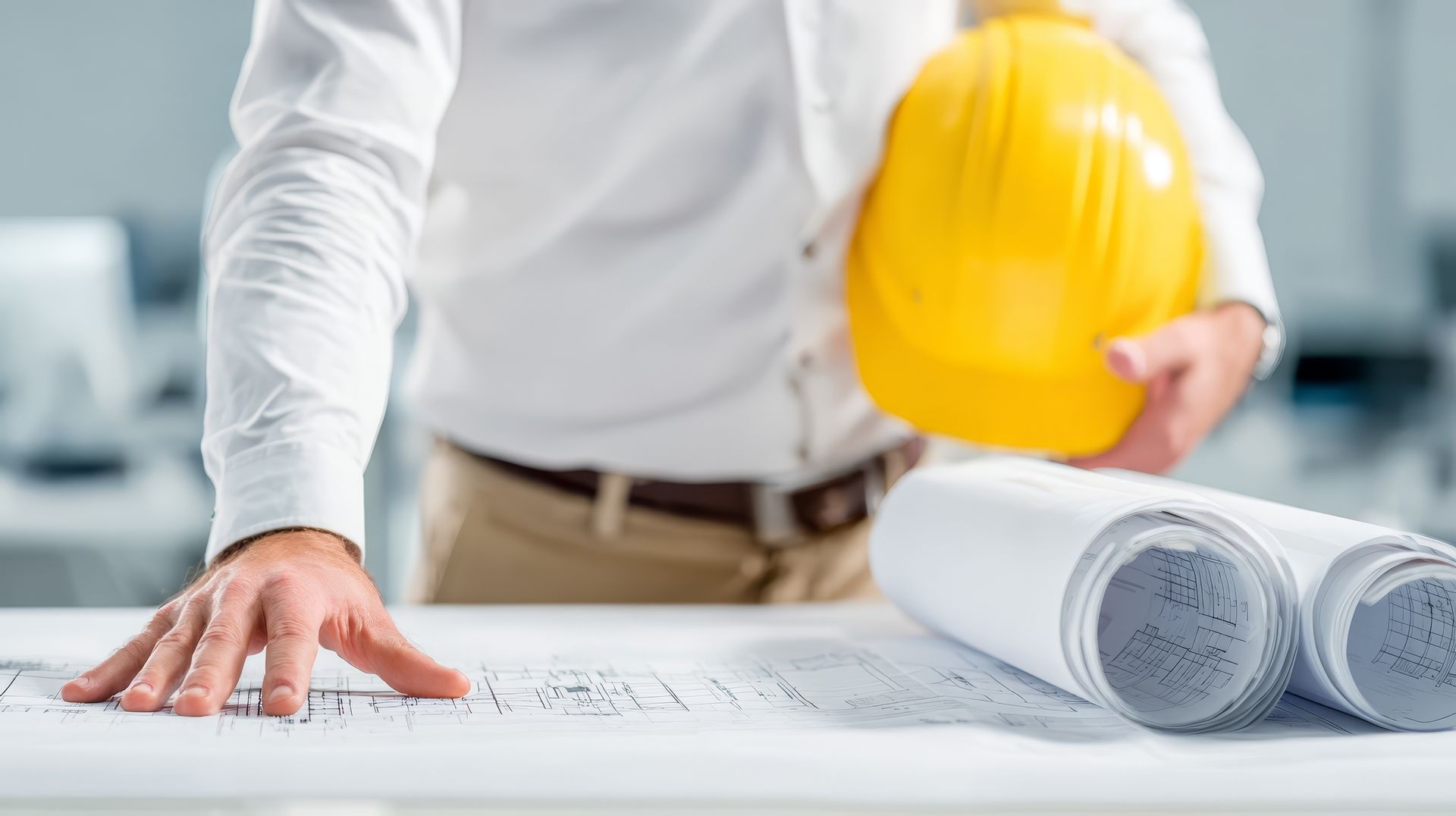 Une personne examine des plans de construction avec un casque de chantier jaune dans la main gauche.