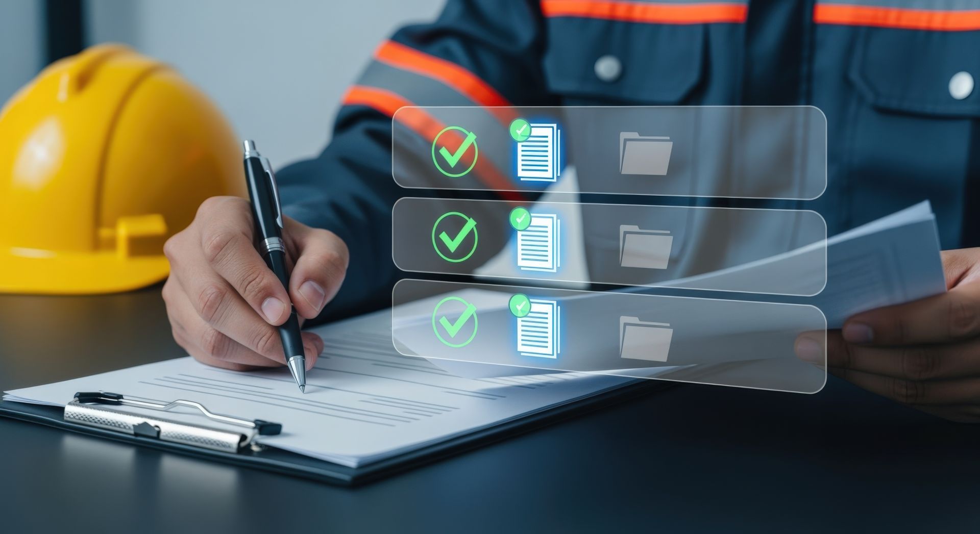 Un ouvrier écrit sur un bloc-notes à côté d'un ordinateur portable, d'un casque de chantier et d'une liste de contrôle translucide superposé à l'écran.
