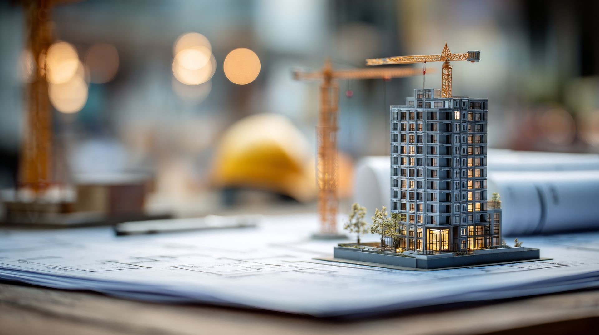 Chantier miniature avec une maquette de bâtiment, une grue, un plan et un casque de chantier flou en arrière-plan