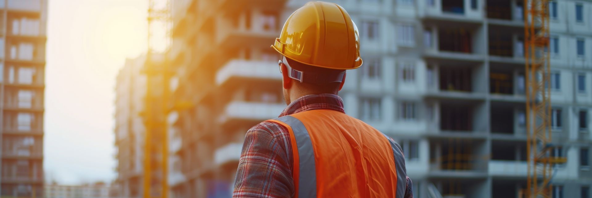 Ouvrier du bâtiment en gilet orange et casque de chantier observant un chantier au coucher du soleil