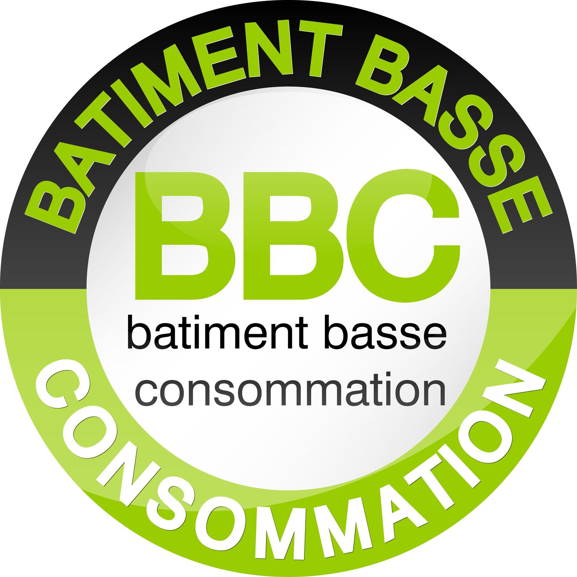 Logo de la BBC en vert et blanc avec le texte circulaire indiquant : BATIMENT BASSE CONSOMMATION 