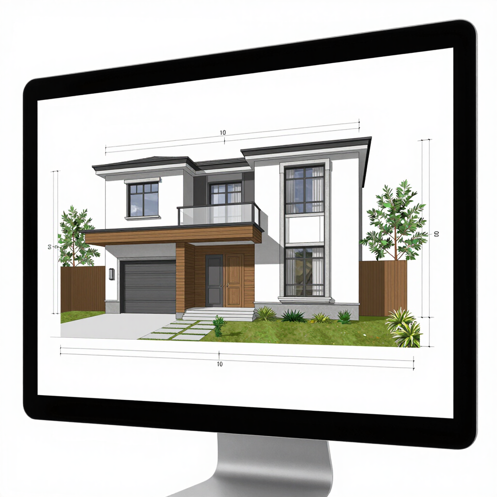 Rendu architectural d'une maison moderne à deux étages affiché sur un écran d'ordinateur