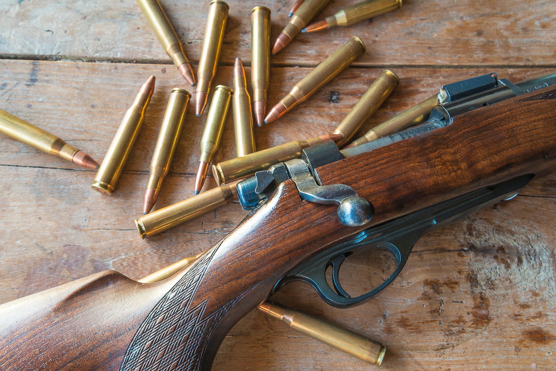 Cartouches et gros plan sur une carabine de chasse