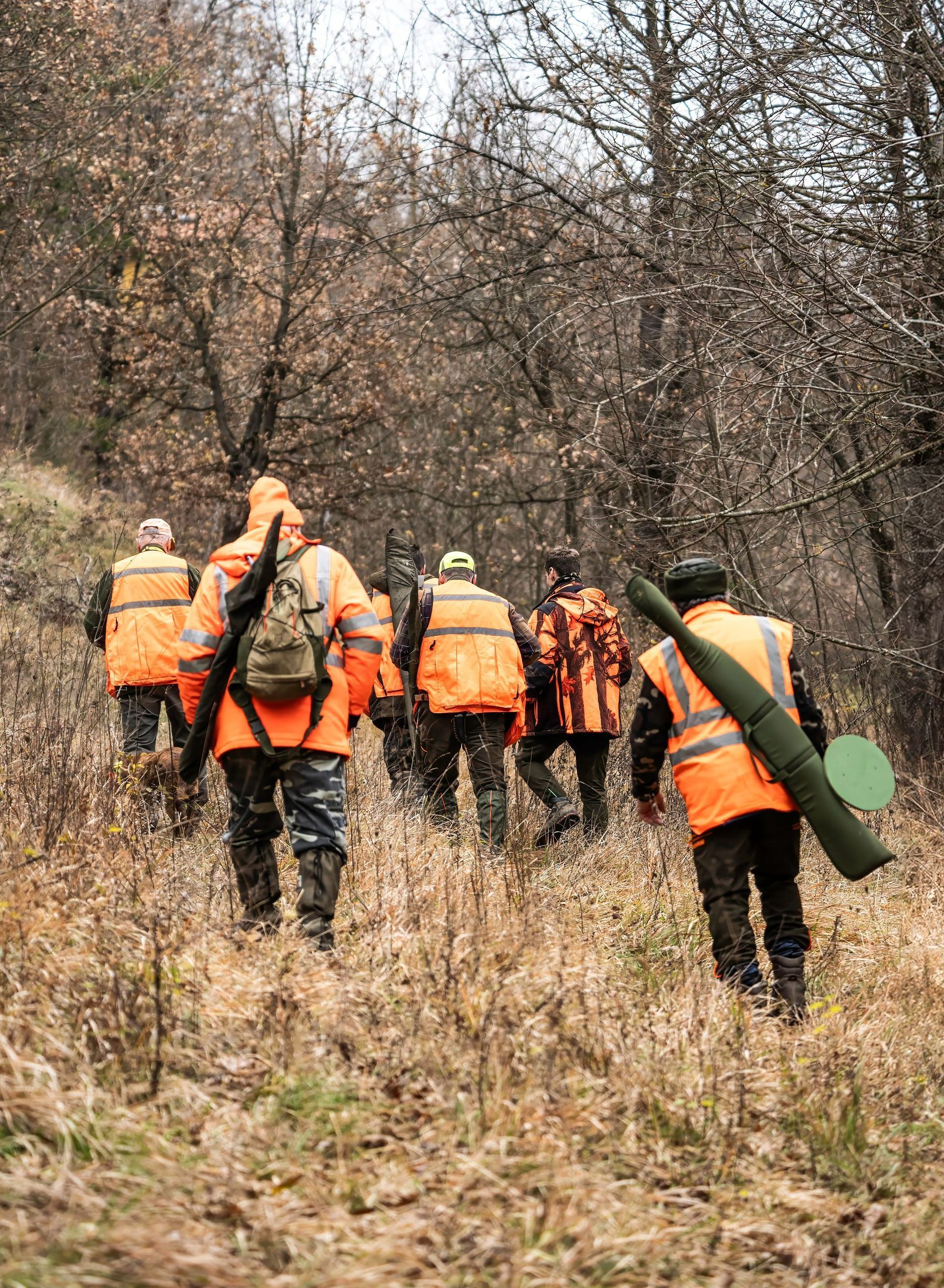 Chasseurs de dos portant des sacs de tir